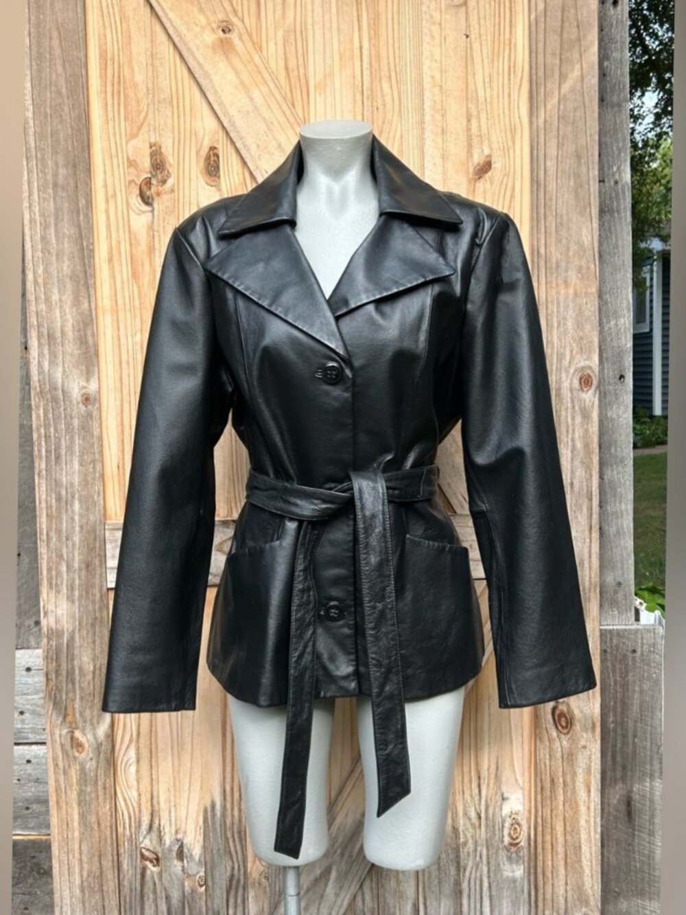 East 5th Black Mid Length Belted Genuine Leather Jacket~XL~